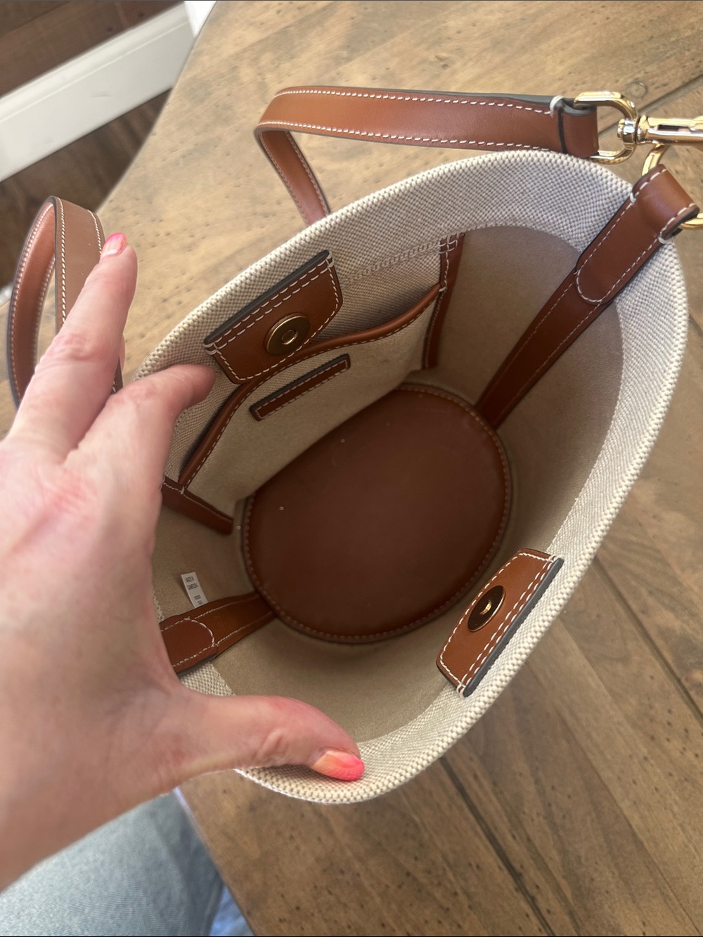 Tory Burch Light Beige Canvas Bucket Bag with Brown Leather Trim - Picture 3 of 10